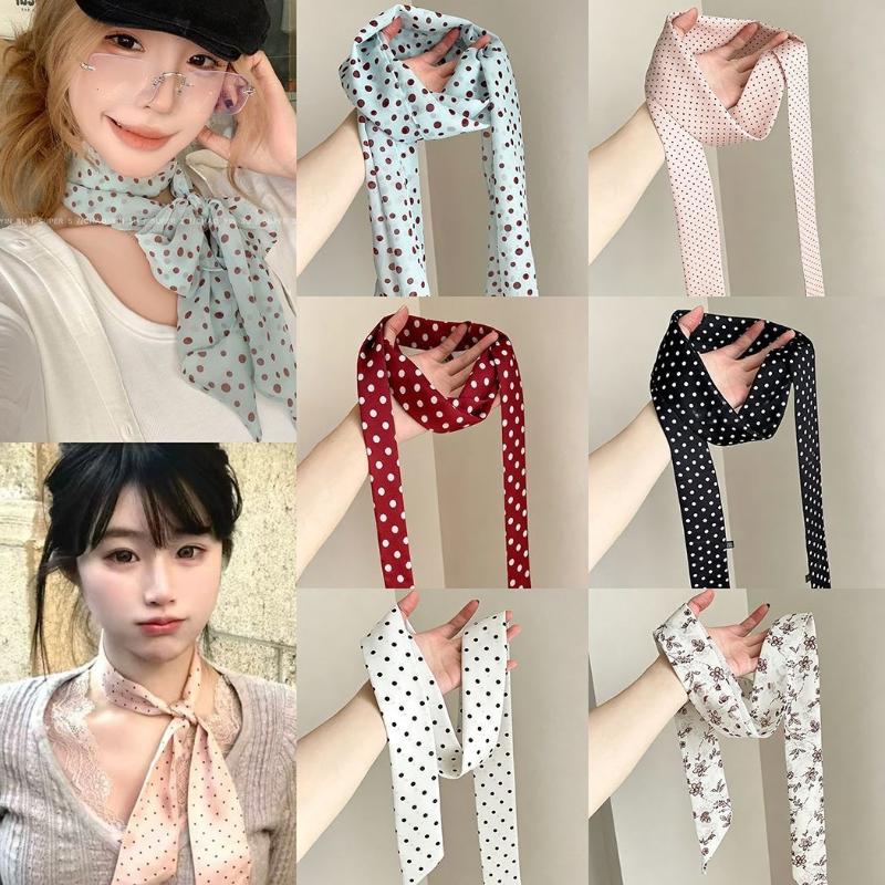 Face Scarf Mask - 水玉模様の花柄プリントシルクスカーフ薄いネックスカーフヘアバンドバッグリボン女性のためのヴィンテージ日常着アクセサリー