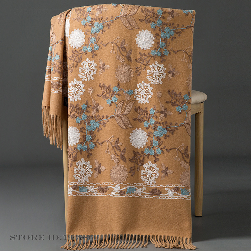 女性用カシミアパシュミナスカーフラップ刺繍花柄ロングショール - Woven Scarf Blanket のレビューと価格