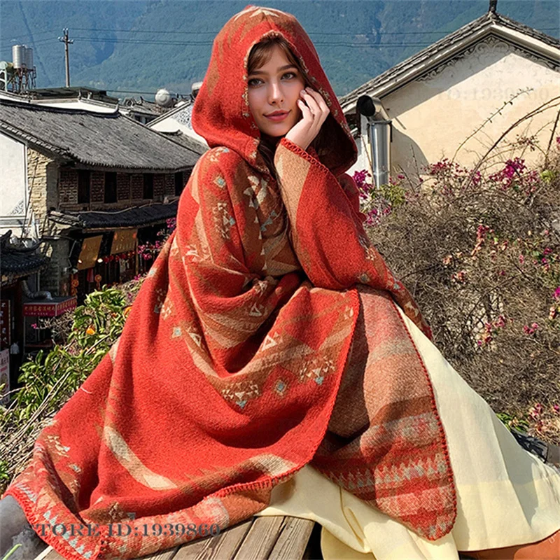 フード付き暖かいスカーフショールケープ新しい観光用マントジャ - Woven Scarf Blanket のレビューと価格